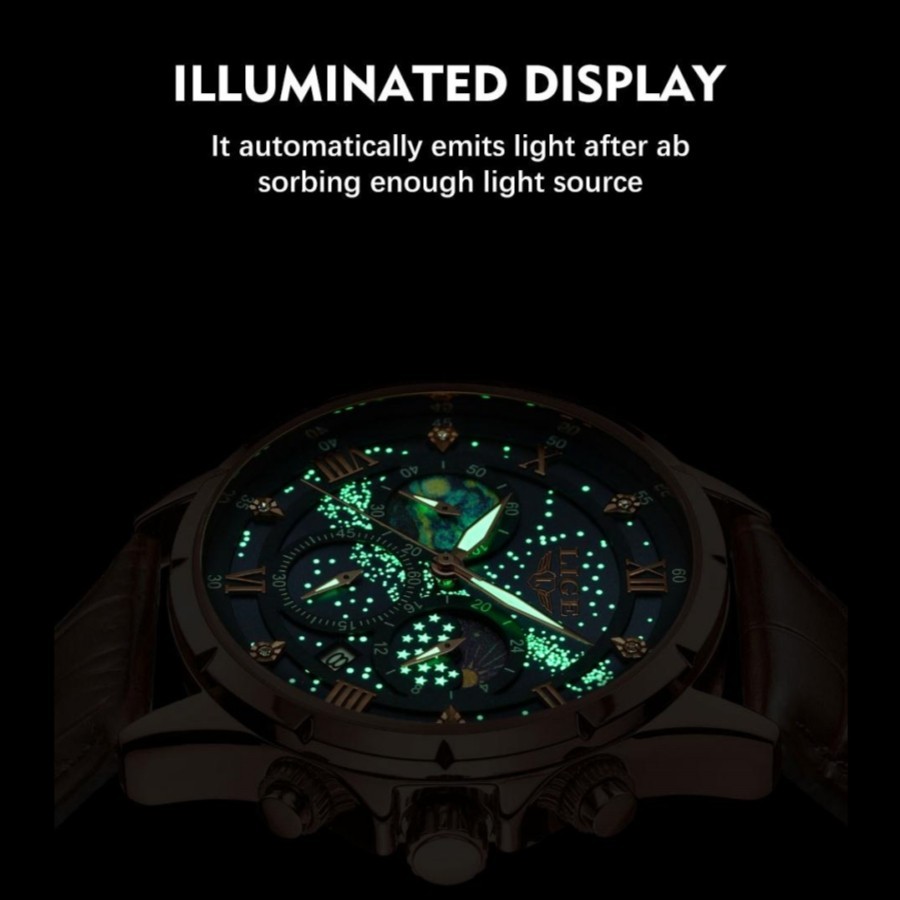 LIGE Luxury Quartz Men’s Watch Leather Moonphase Waterproof Luminous Wristwatch