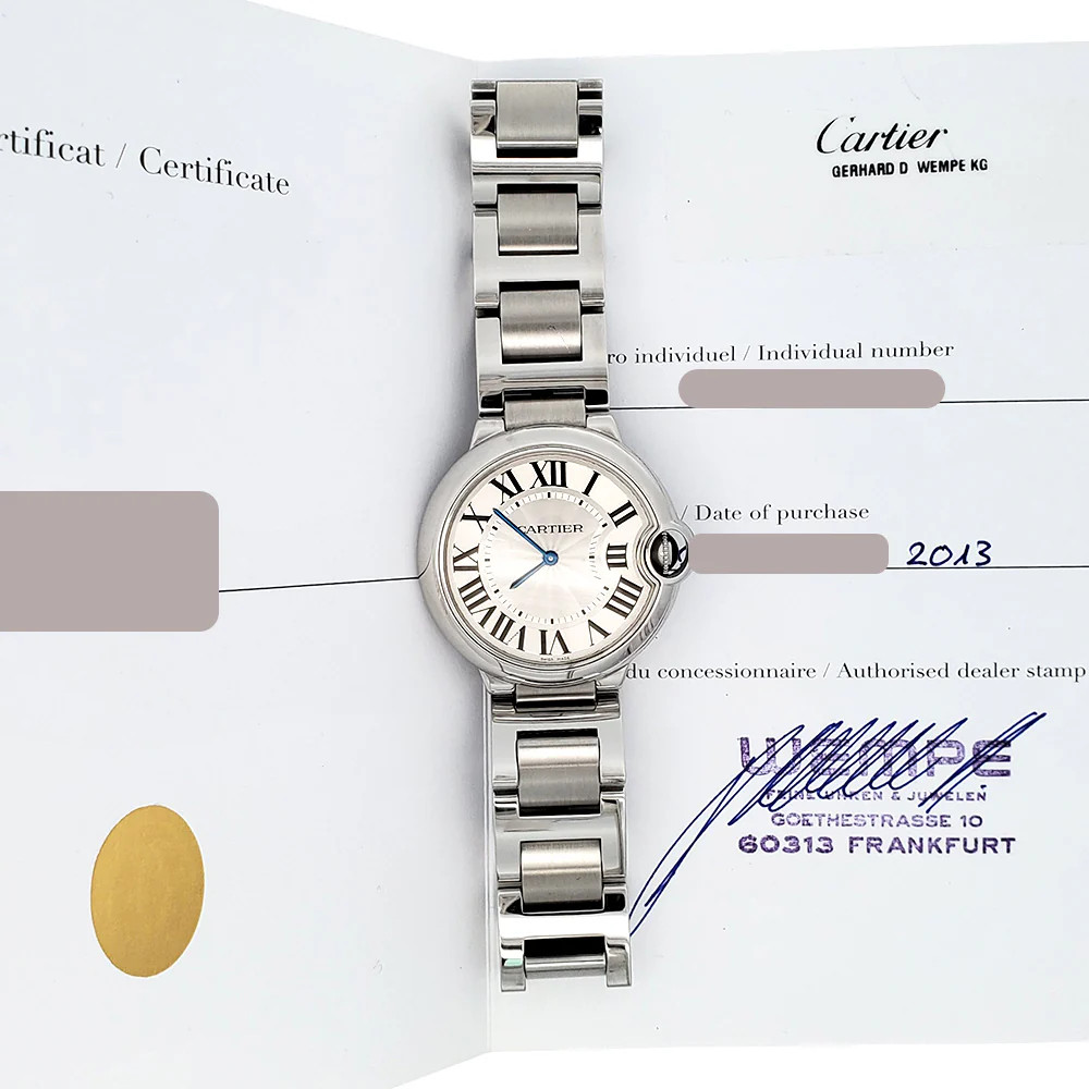Cartier Ballon Bleu 36mm Silver Roman Quartz Steel Watch W69011Z4 3005 Papers
