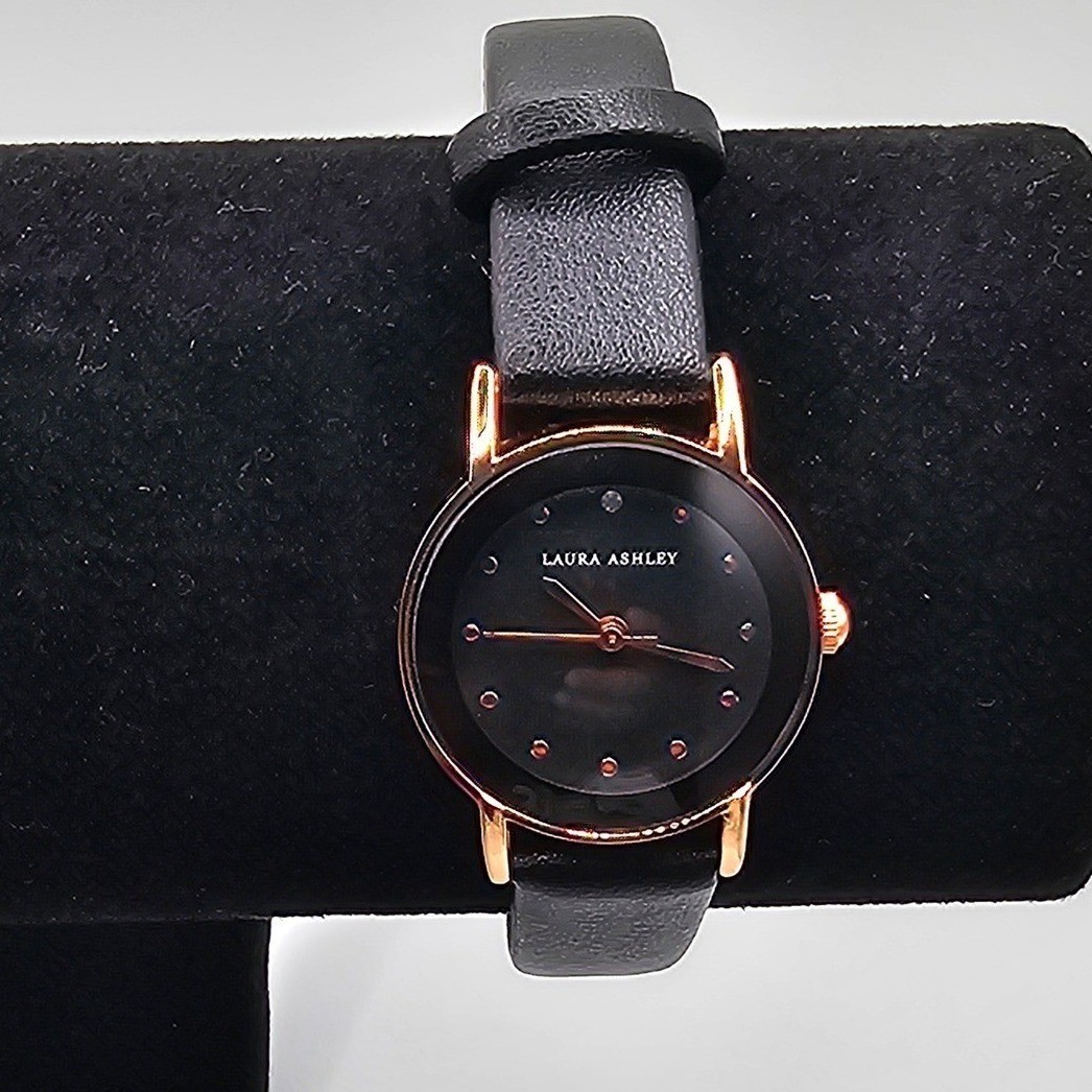 Laura Ashley Women Watch Rose Gold Black Faux Leather Strap LA3002BK 24mm