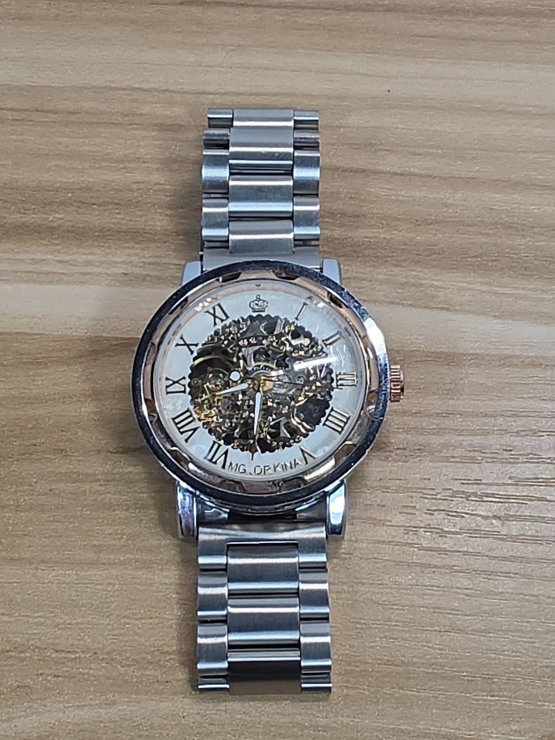 MG ORKINA AUTOMATIC SKELATON GOLD COLORED FACE WATCH WITH Silver BAND