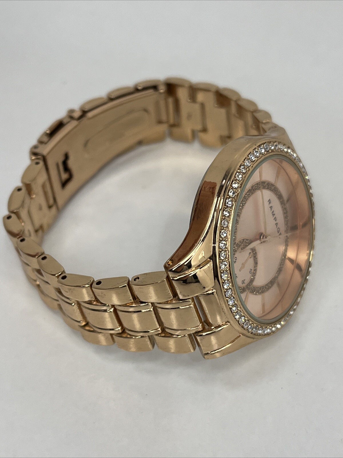 Rampage Women’s Quartz Watch Rose Gold 38mm Case Rhinestone Bezel- New Battery
