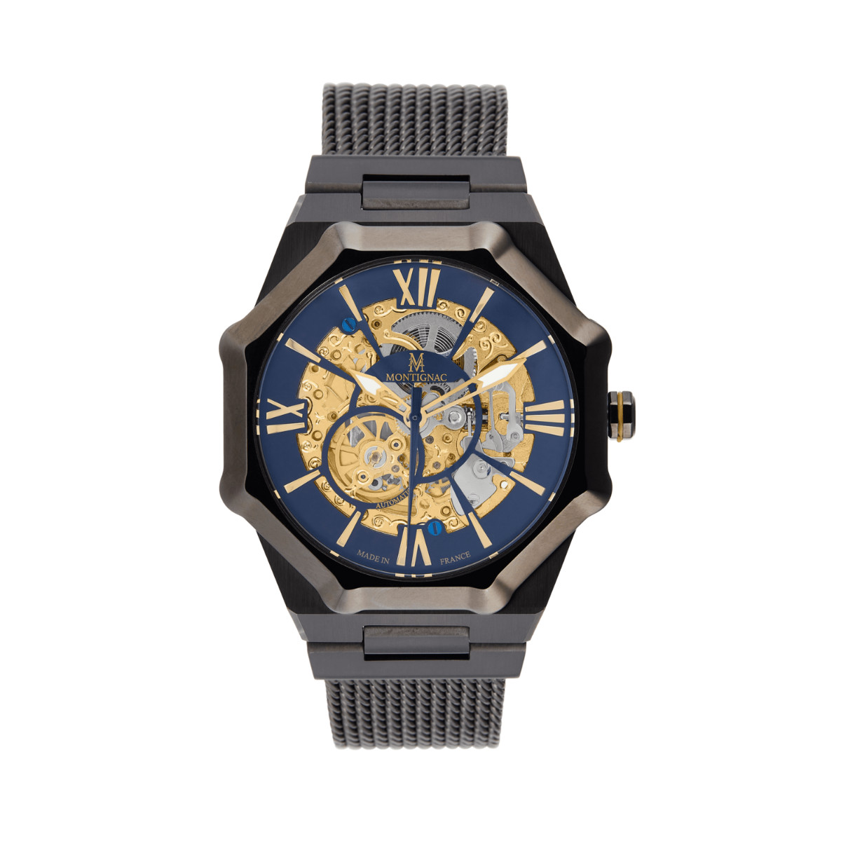 Maison Montignac MOW808 Mens Black Steel Straps Analog Dial Automatic Watch 44mm