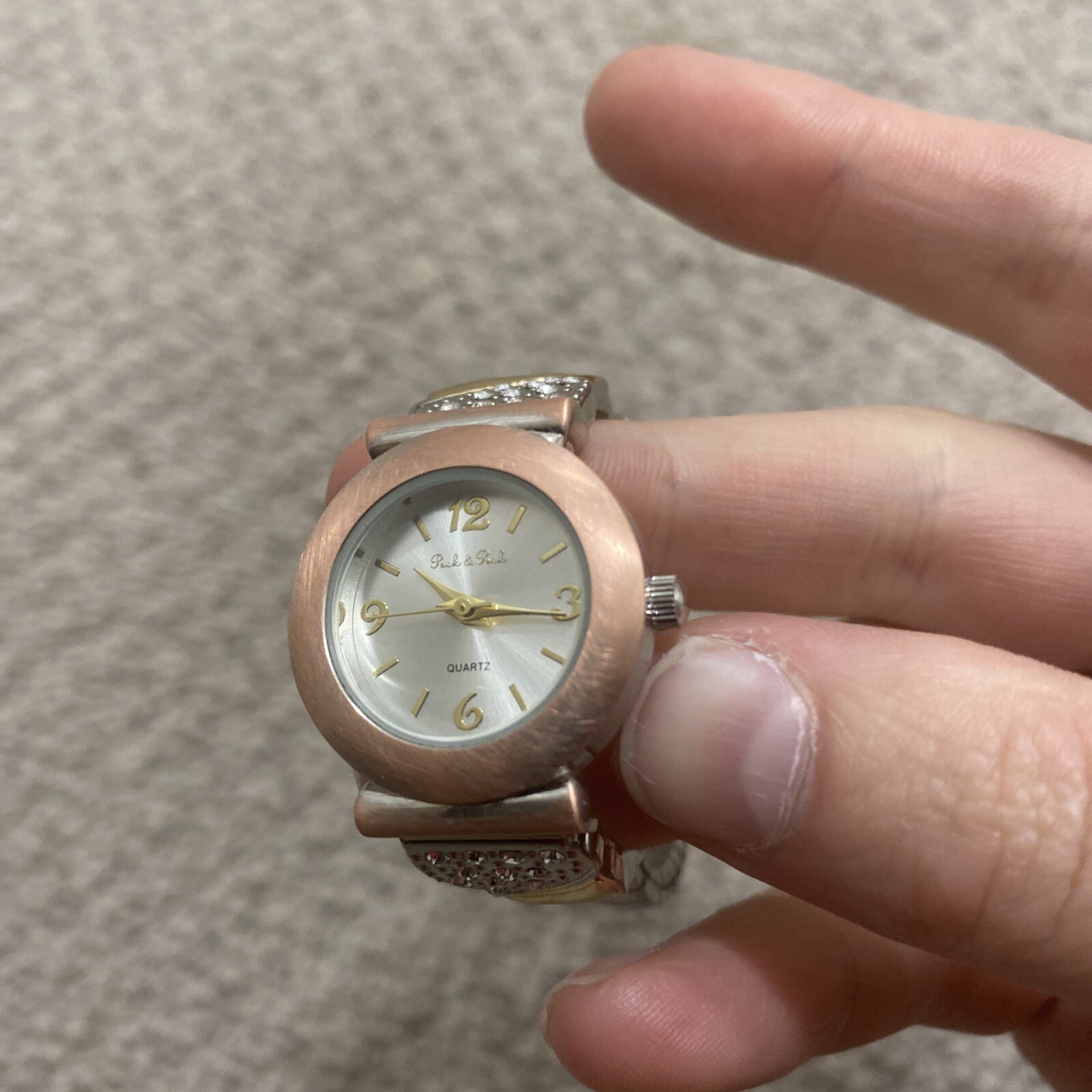 Peck & Peck Rhinestone Jewel Bejeweled Metal Gold Rose Gold Quartz Wrist Watch