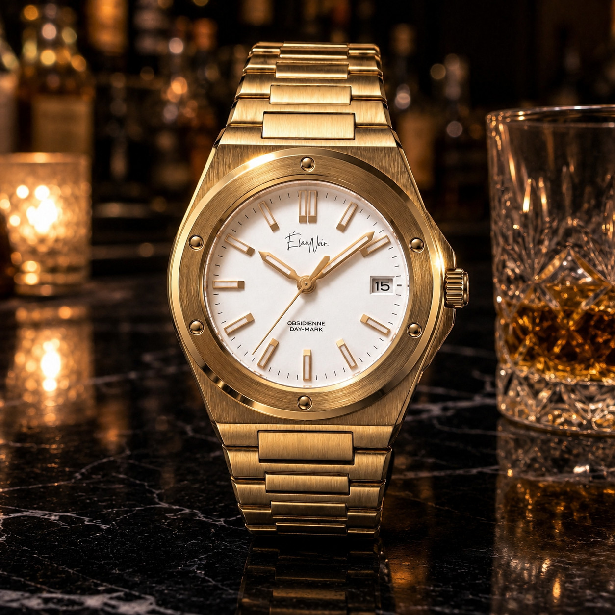 Custom Élan Noir Day-Mark Auto NH35 Watch Gold White Dial Sapphire Steel 41mm