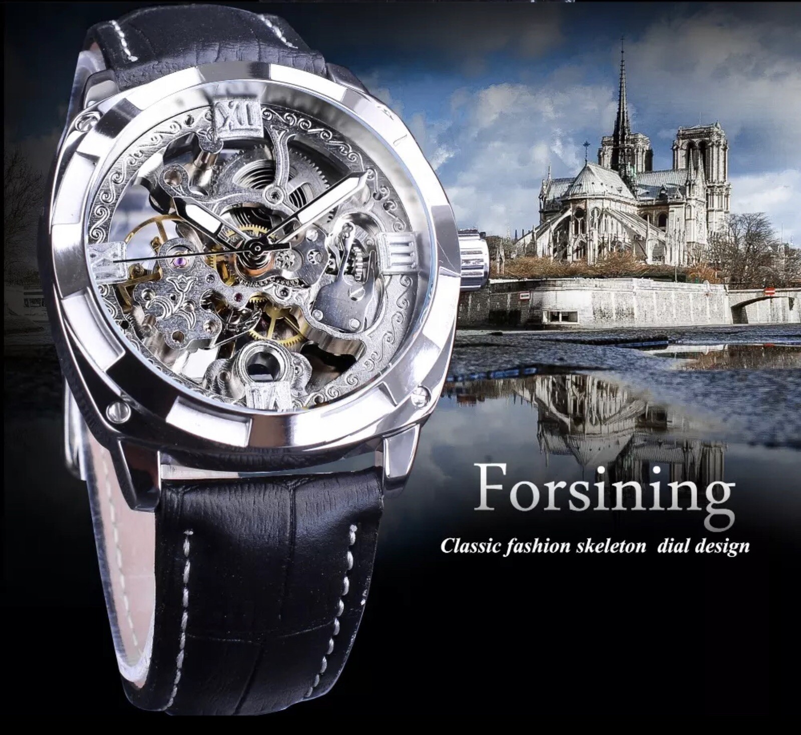 Forsining Mens Skeleton Mechanical Waterproof Luxury Watch Leather Gift Idea