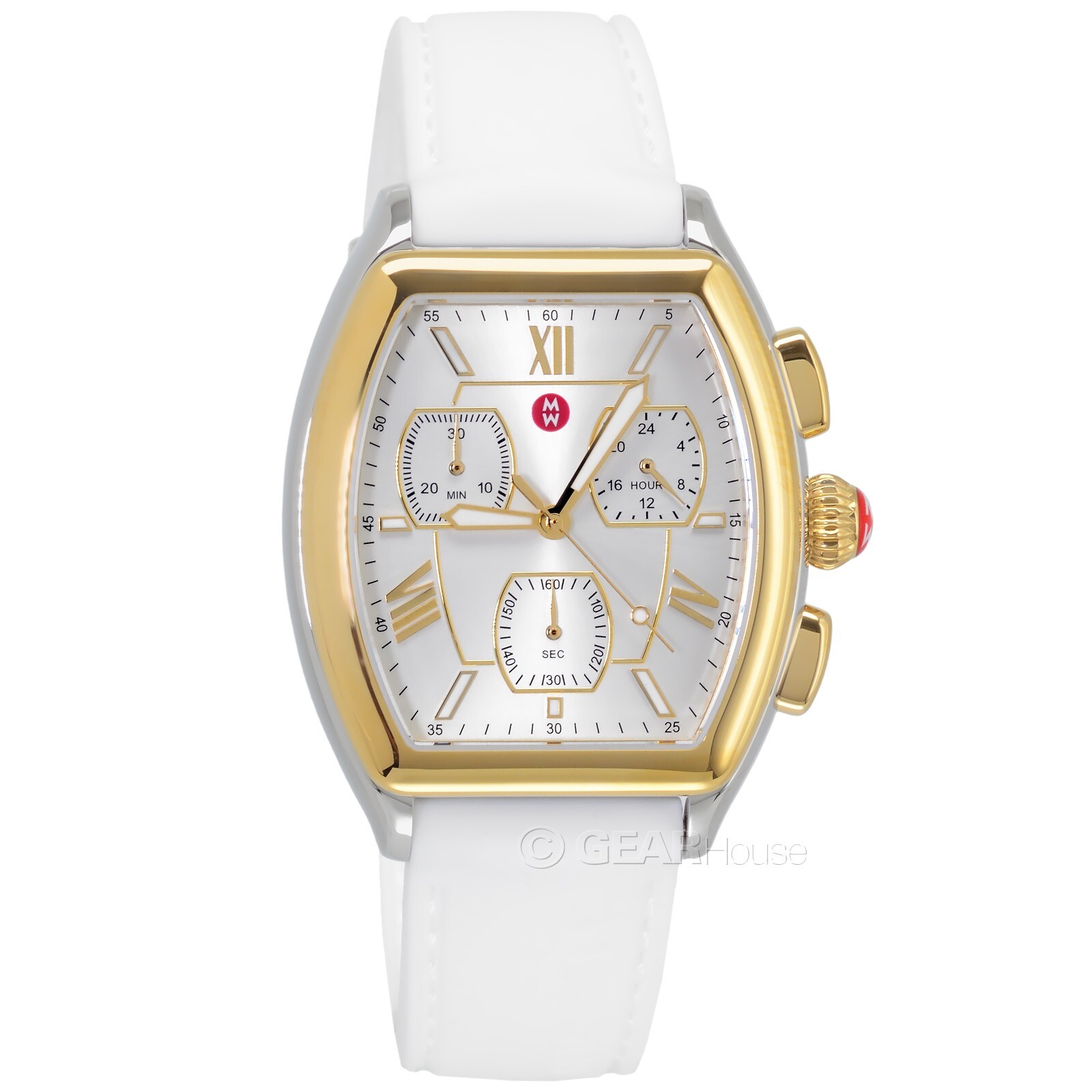 MICHELE Releve Womens Two-Tone Chronograph Watch Gold Silver White Silicone Band