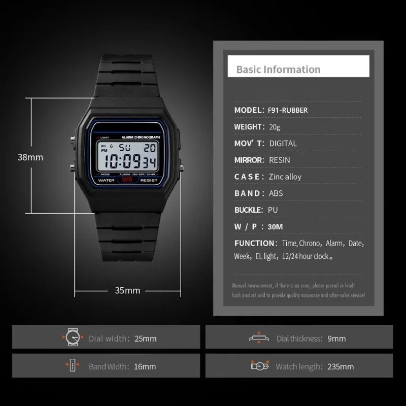 F 91W Classic Digital Resin Strap Watch Stopwatch Chronograph Sport Unisex Men*