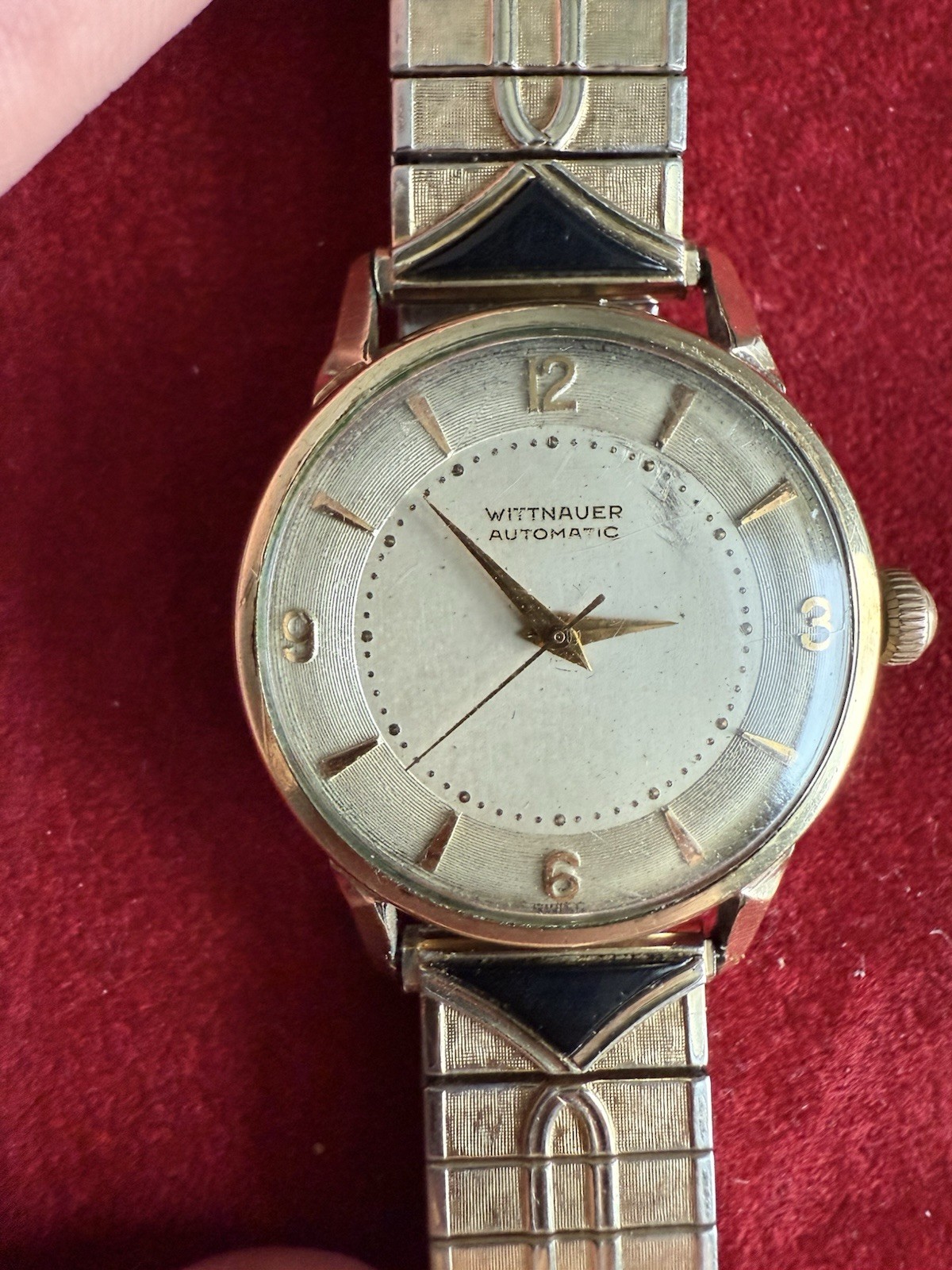 Vtg 1950s Wittnauer Automatic 10k Gold Fill Fancy Lug Onyx Accent Bracelet Watch
