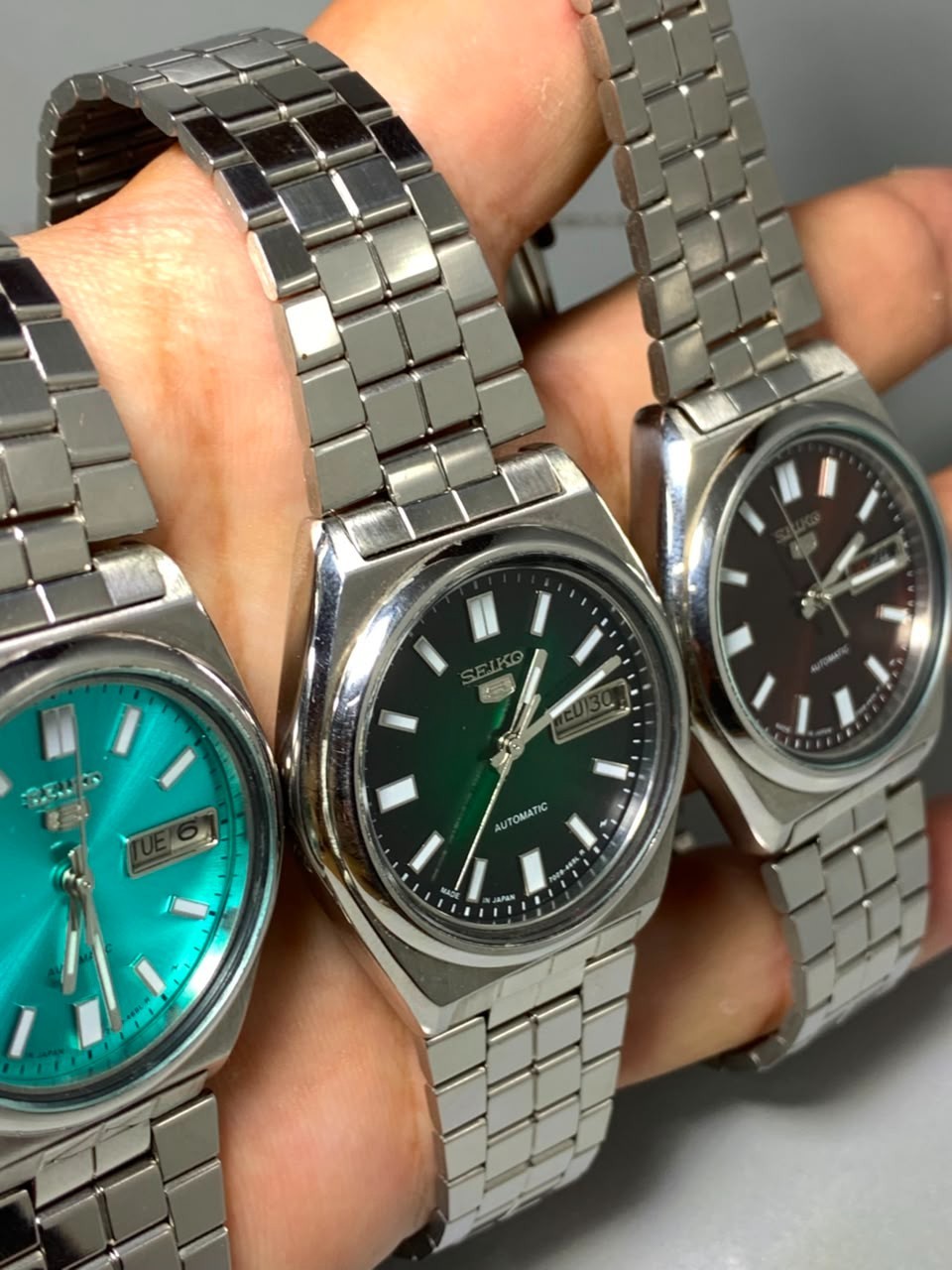 Vintage Seiko 5 Automatic Lot of 3 Tiffany Blue Maroon Green Dial Watches