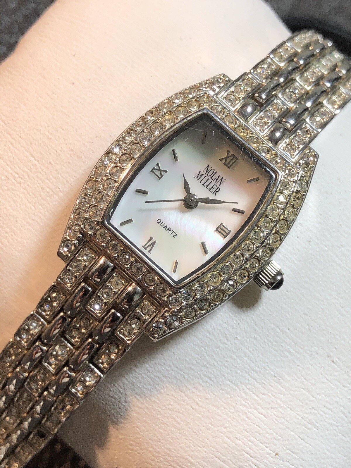 Vintage Nolan Miller Women’s Watch Silver Tone Rhinestone MOP Ladies Wristwatch