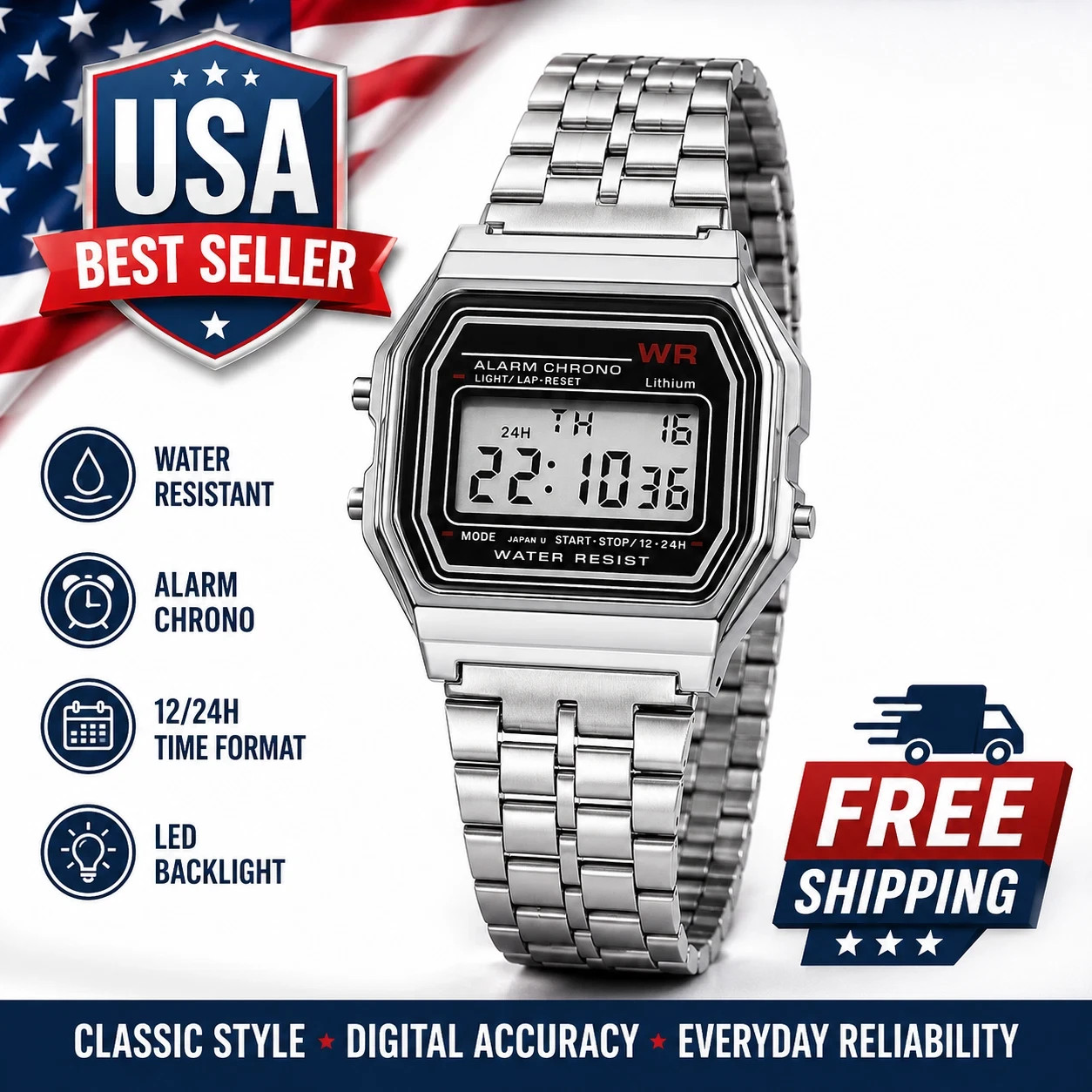F-91W-1 Men’s 2025 Digital Silver Steel Watch Classic Alarm Light Waterproof