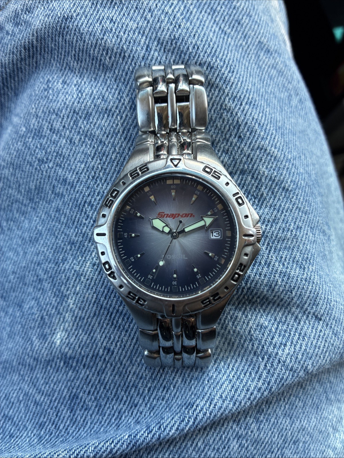 VTG Fossil Snap-on Watch 41mm Stainless Steel Date Glow In Dark Works!
