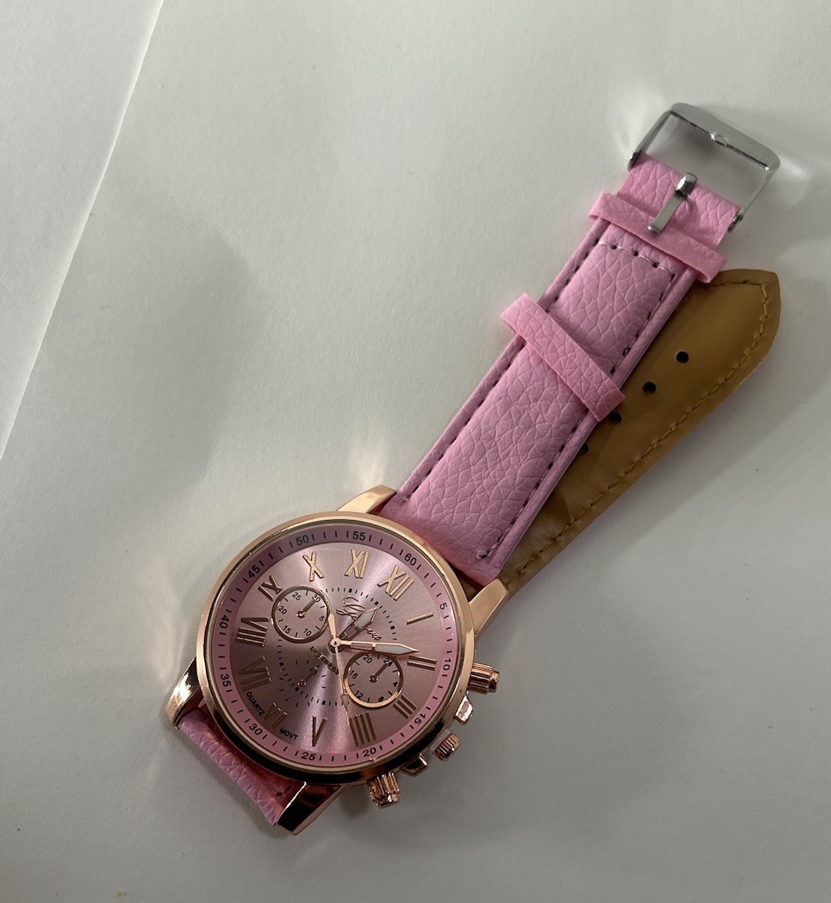 Pink Leather Watch Womens Quartz Analog Roman Numeral Dress Casual 40mm 8in