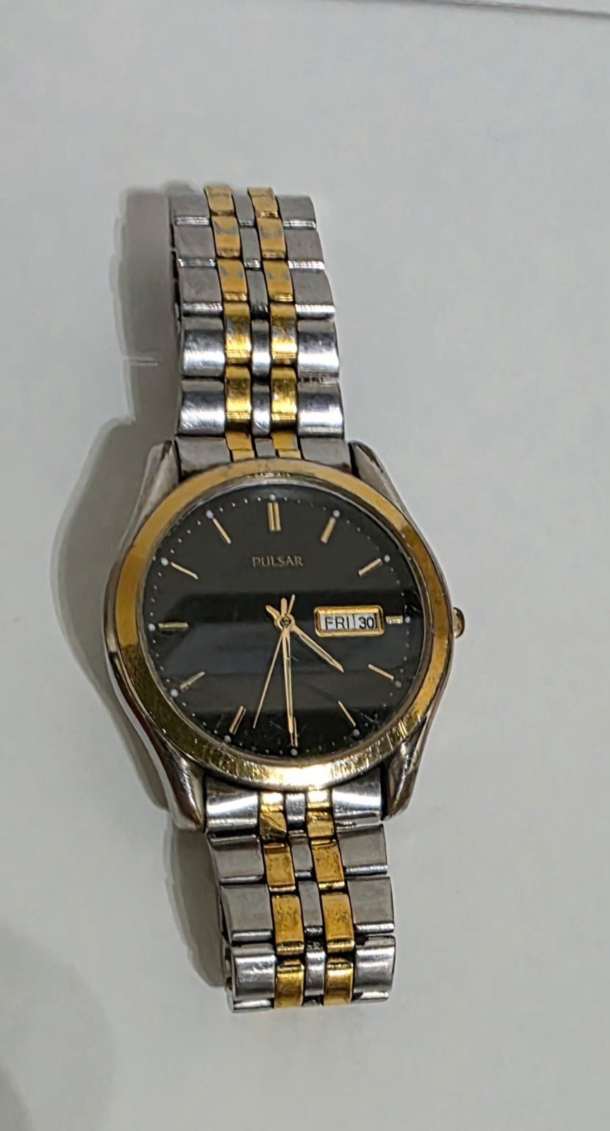 Pulsar Watch Mens Stainless Gold Silver Day Date Black Water Resistant