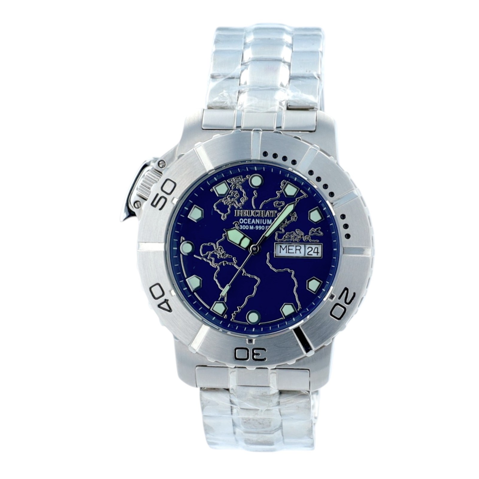 Beuchat Oceanium Mens Blue Watch 300M Diver World Map Dial Swiss Steel Day Date