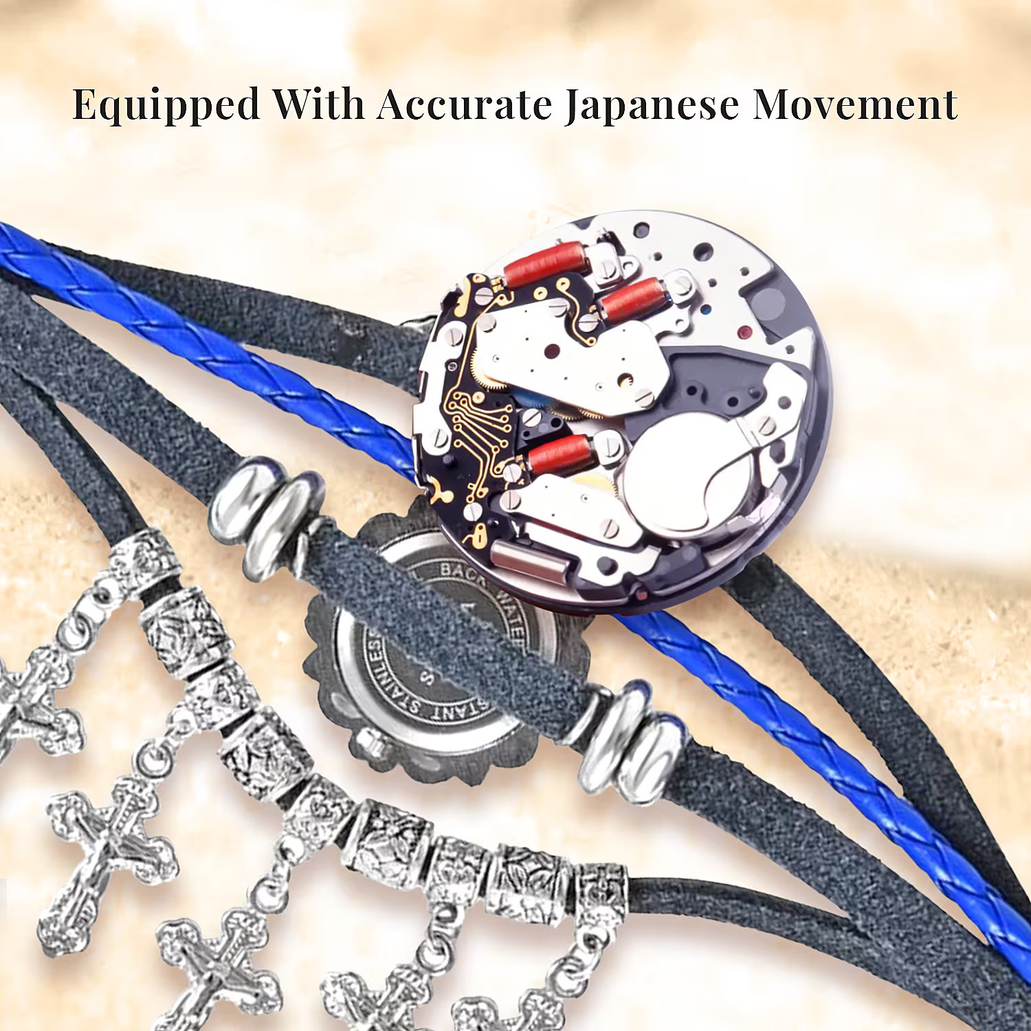 Crystal Japanese Movement Cross Multi Layer Bracelet Watch Leather Strap
