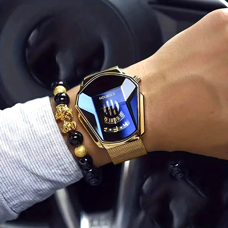 Golden Fashion Quartz Watch Cool Large Dial Waterproof Steel Strap Men Gift New