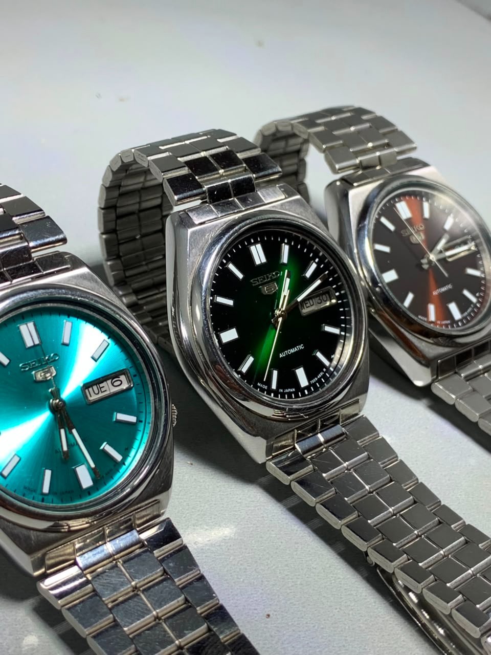 Vintage Seiko 5 Automatic Lot of 3 Tiffany Blue Maroon Green Dial Watches