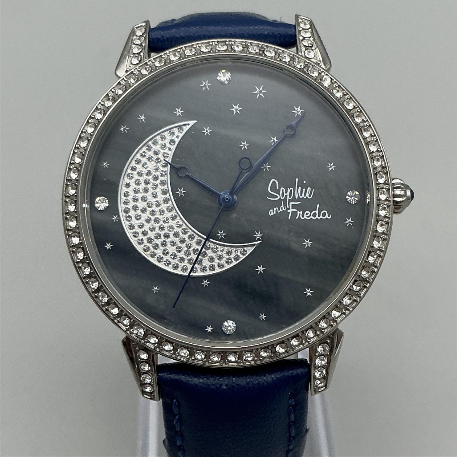 Sophie And Freda Womens Watch 38mm Moon Dial Crystals Blue Leather Band