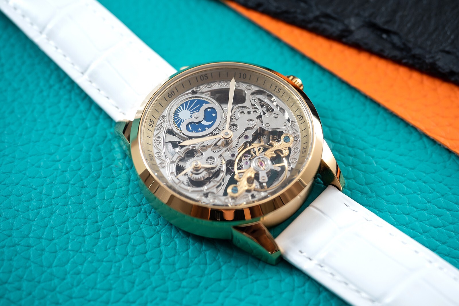 Mens Gold Silver Dual Time Skeleton Automatic Mechanical Watch White Strap