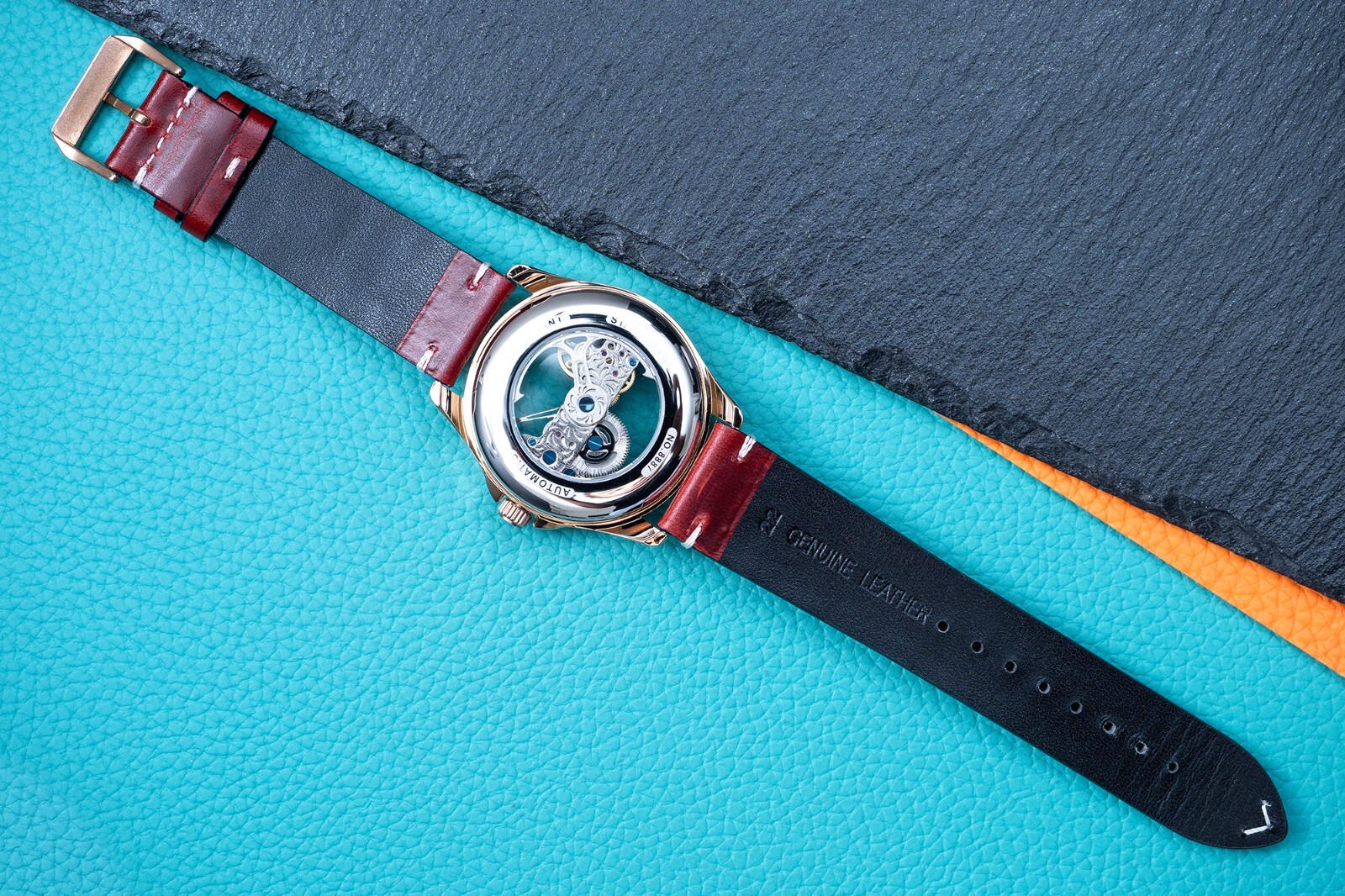 Mens Rose Gold Automatic Mechanical Watch Rainbow Cubic Oil Waxed Dark Red