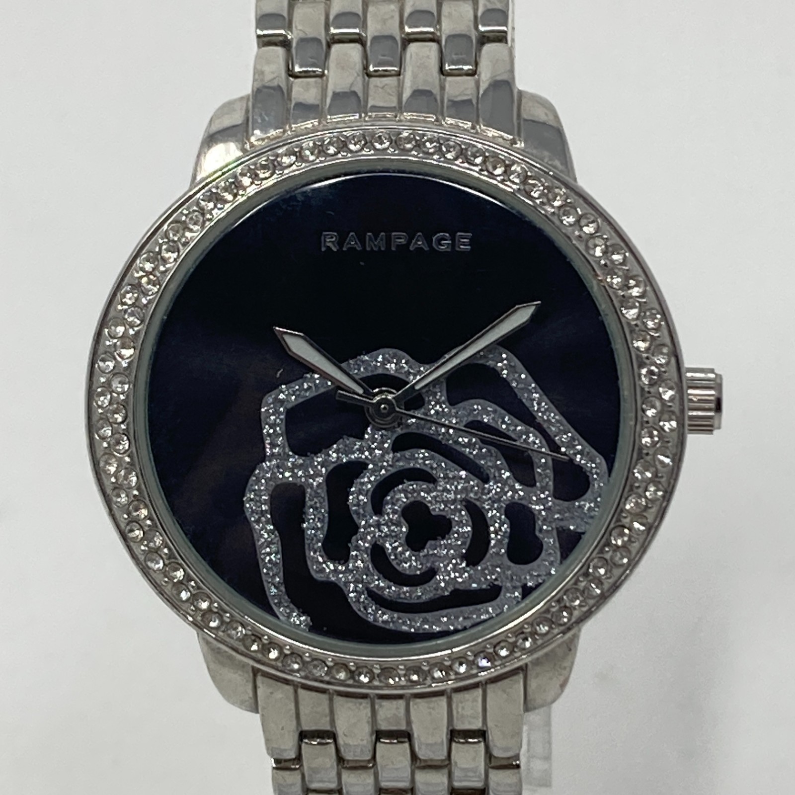 Rampage Womens Watch 36mm Floral Crystals Silver Tone Black Bling New Battery 8″