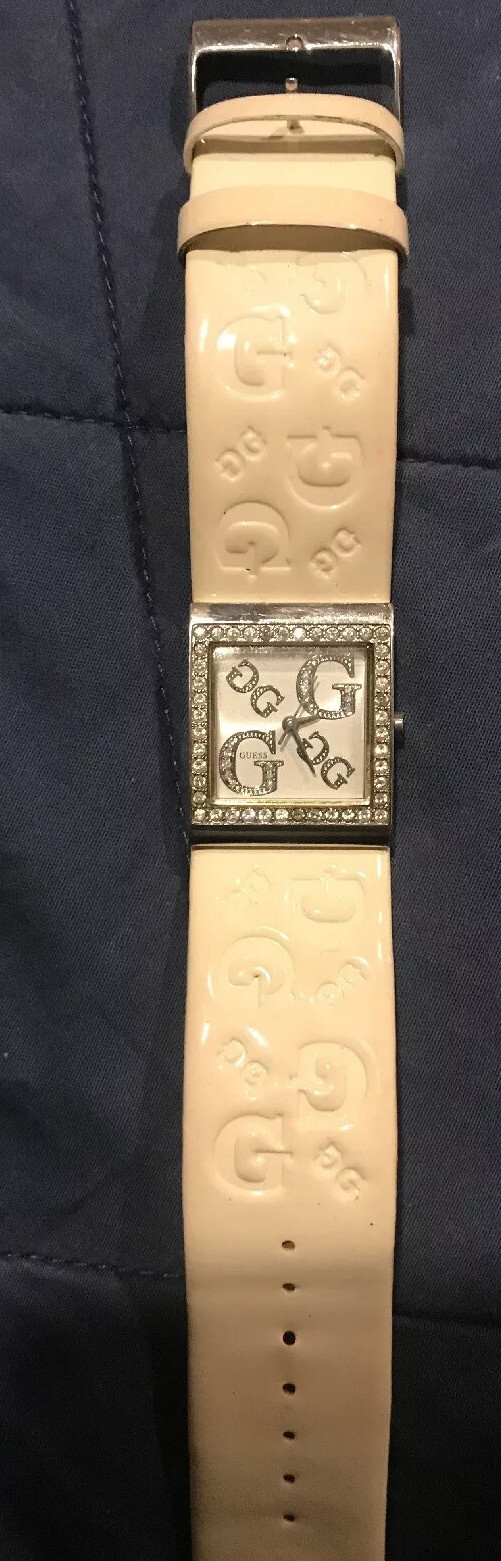 GUESS Women’s Teen Watch Cream Leather Band, Silver Dial W/ Rhinestones Y2K
