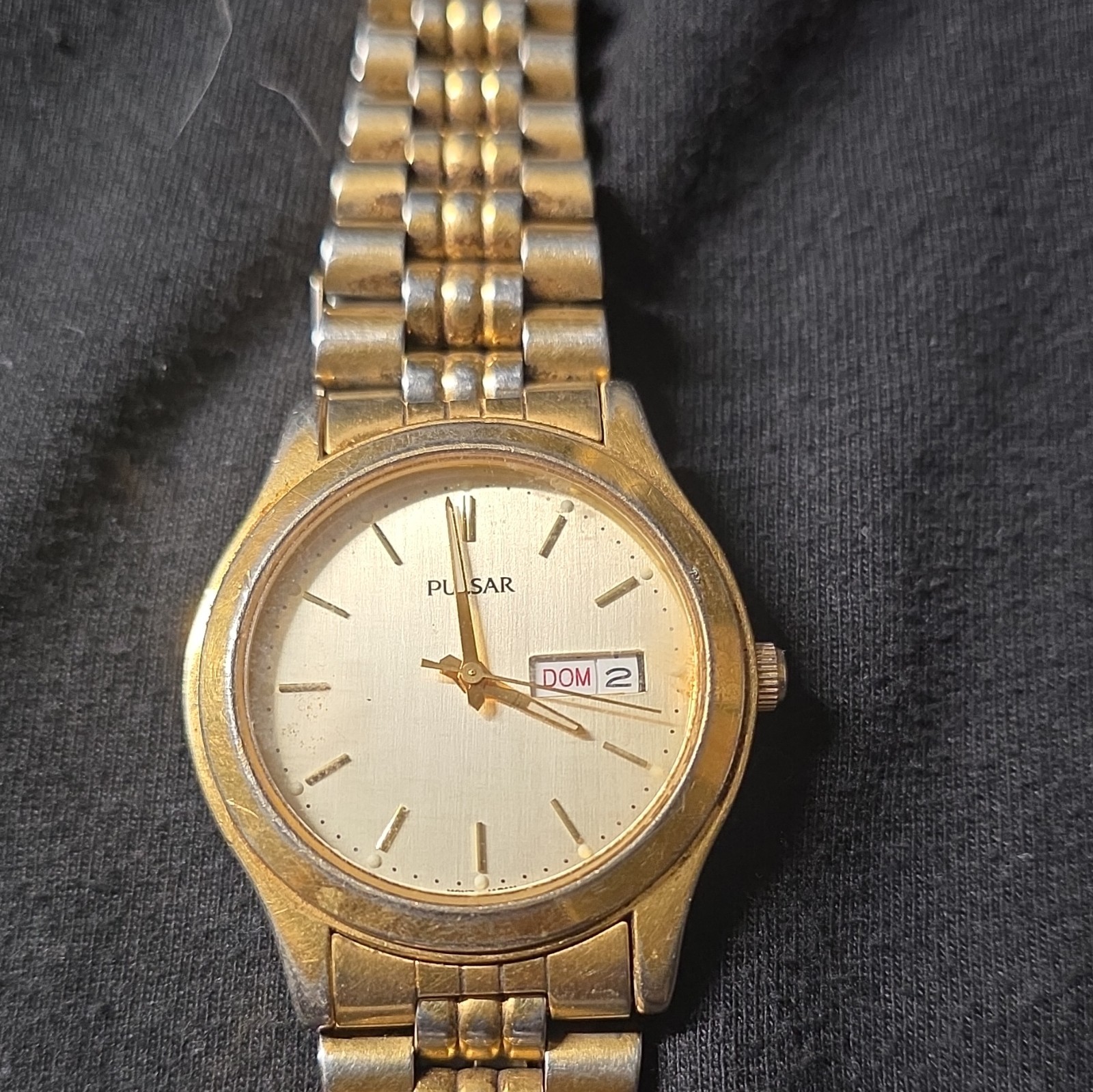 Pulsar Women’s Quartz Day/Date Analog Gold/Silver Metal Bracelet Stick Dial