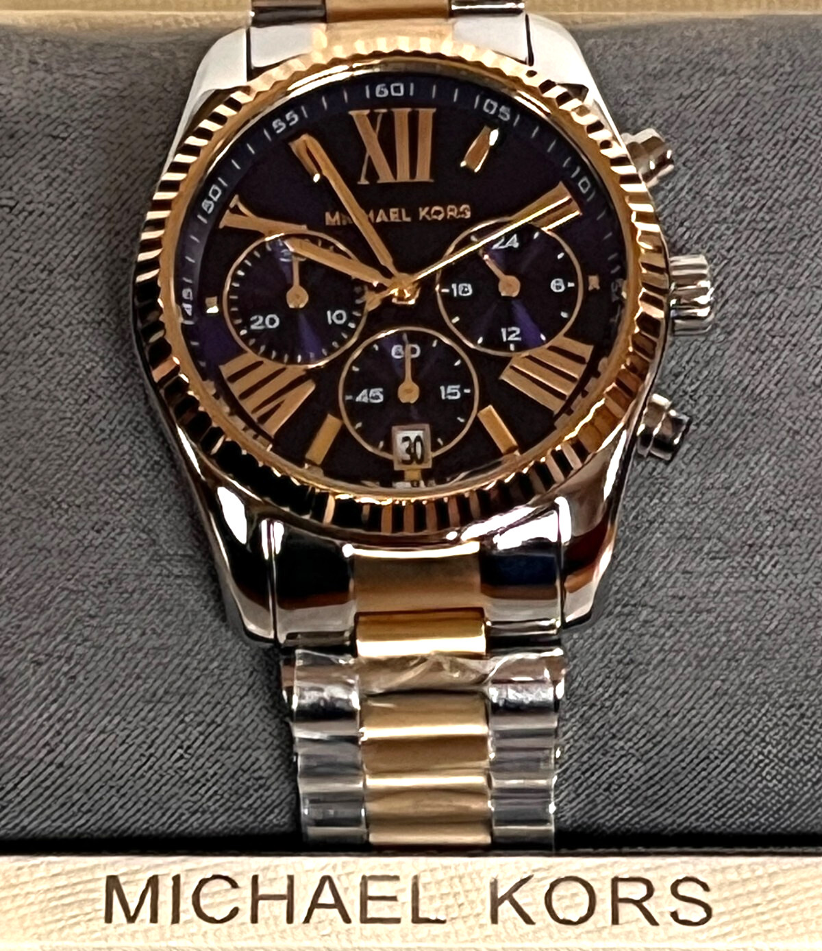 MICHAEL KORS MK7218 Lexington Two-Tone Blue Dial Ladies Watch BNWT/Gift Box $250