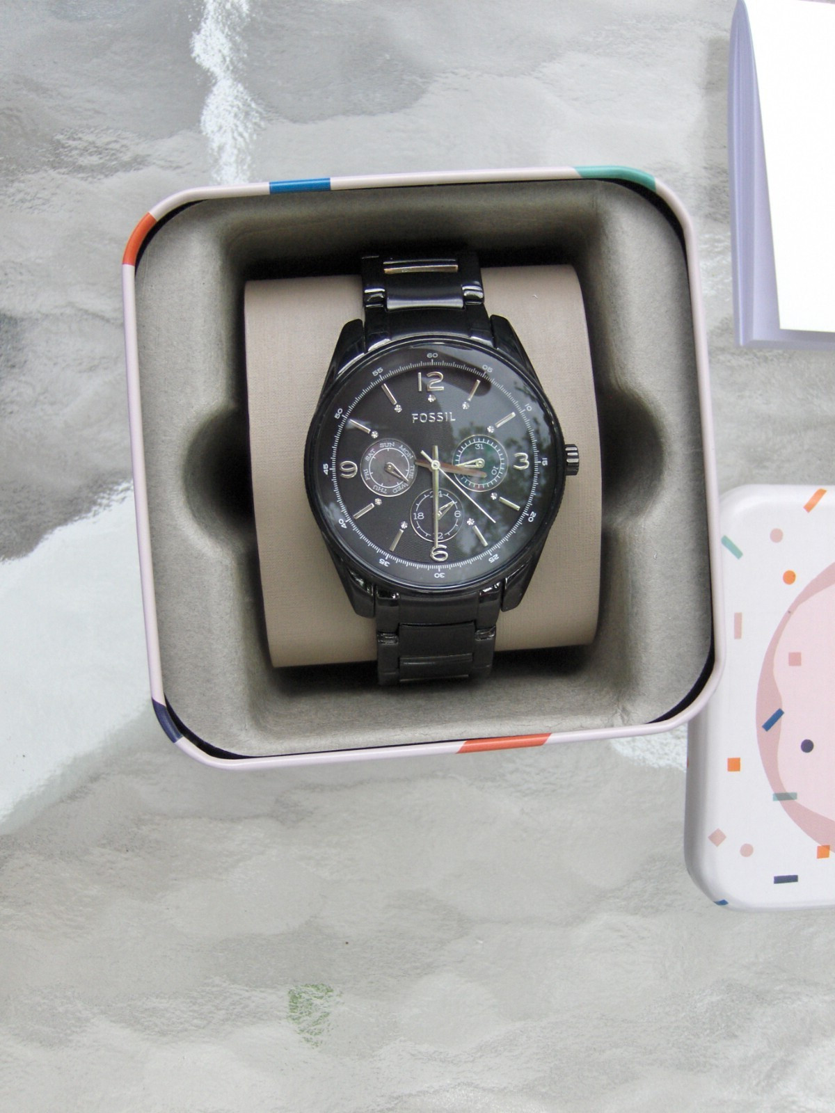 FOSSIL JUSTINE BQ 1122 BLACK STAINLESS RAINBOW MOTHER OF PEARL 3 EYE FACE DIALS