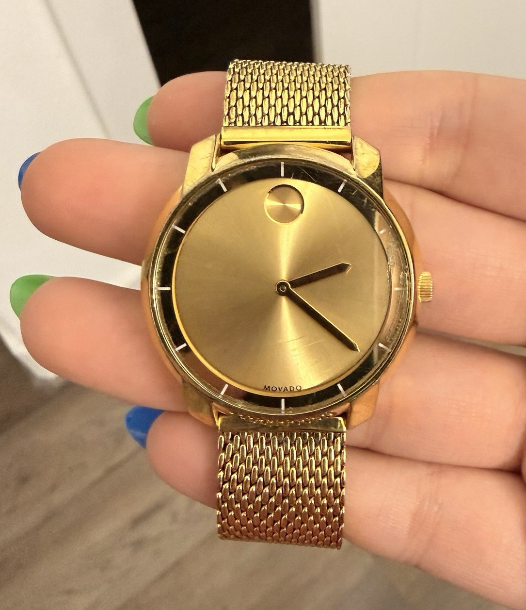 Movado Bold Swiss Made Quartz Water Resistant Gold Tone Mesh Watch 34mm