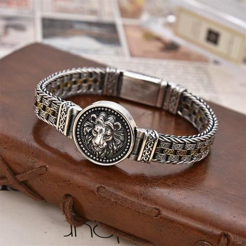 Vintage Silver Personalized Rotating Lion Tang Grass Pattern Men’s Bracelet