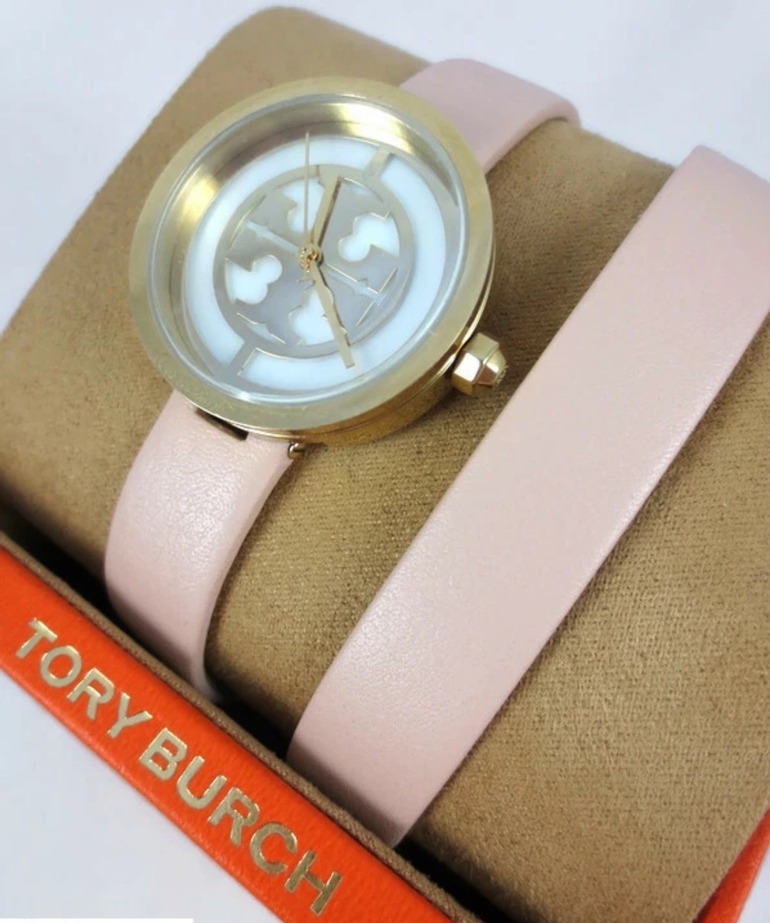 NEW Tory Burch Gold Small Reva Nude Leather Double Wrap Watch TBW4030 Logo
