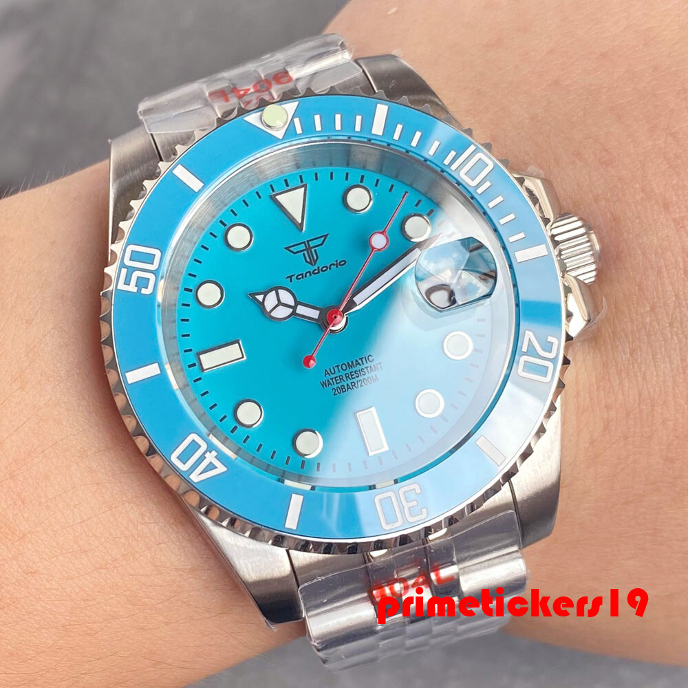 Tandorio NH35 Sky Blue Date Men 40mm Automatic Watch Ceramic Bezel Sapphire Lume