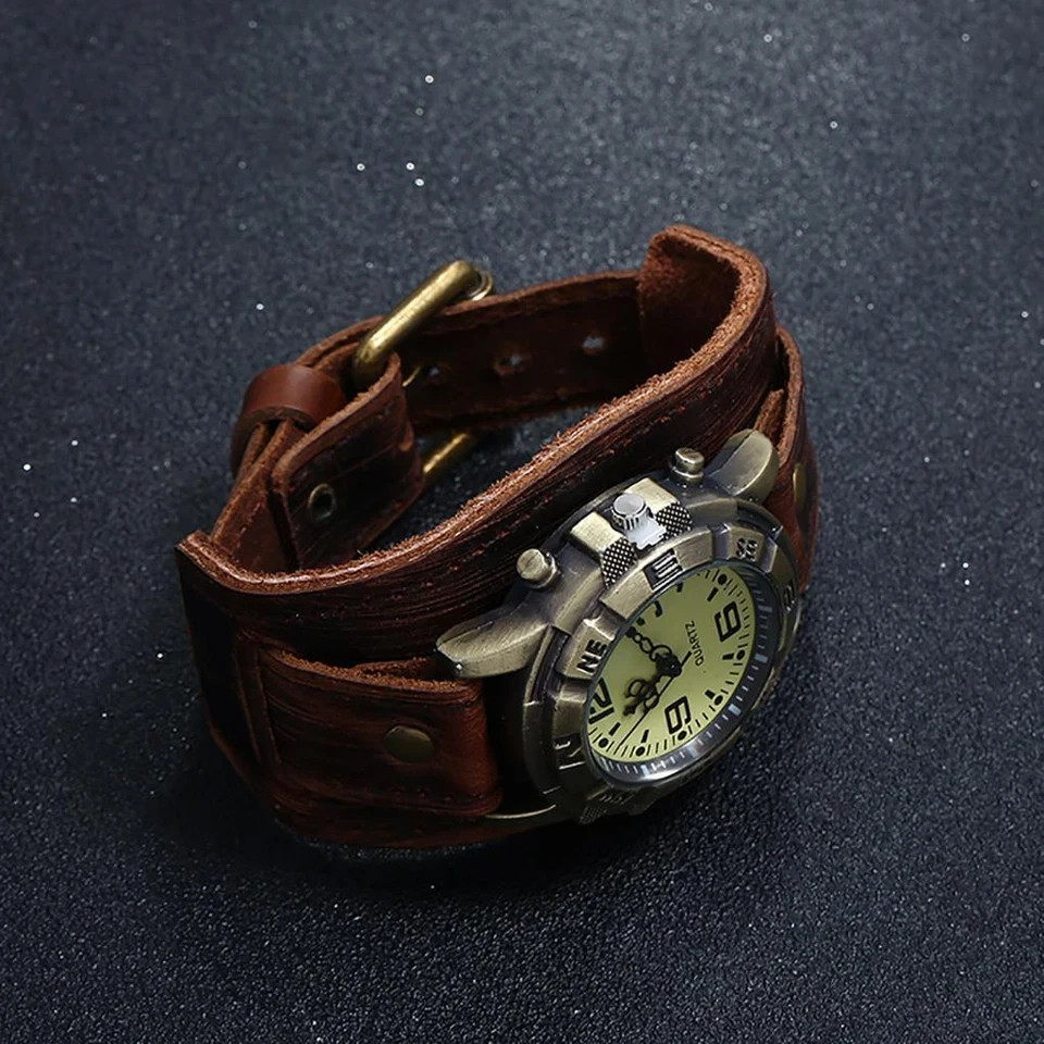 Vintage Retro Leather Cuff Bracelet Wide Band Steampunk Mens Quartz Wrist Watch⌚