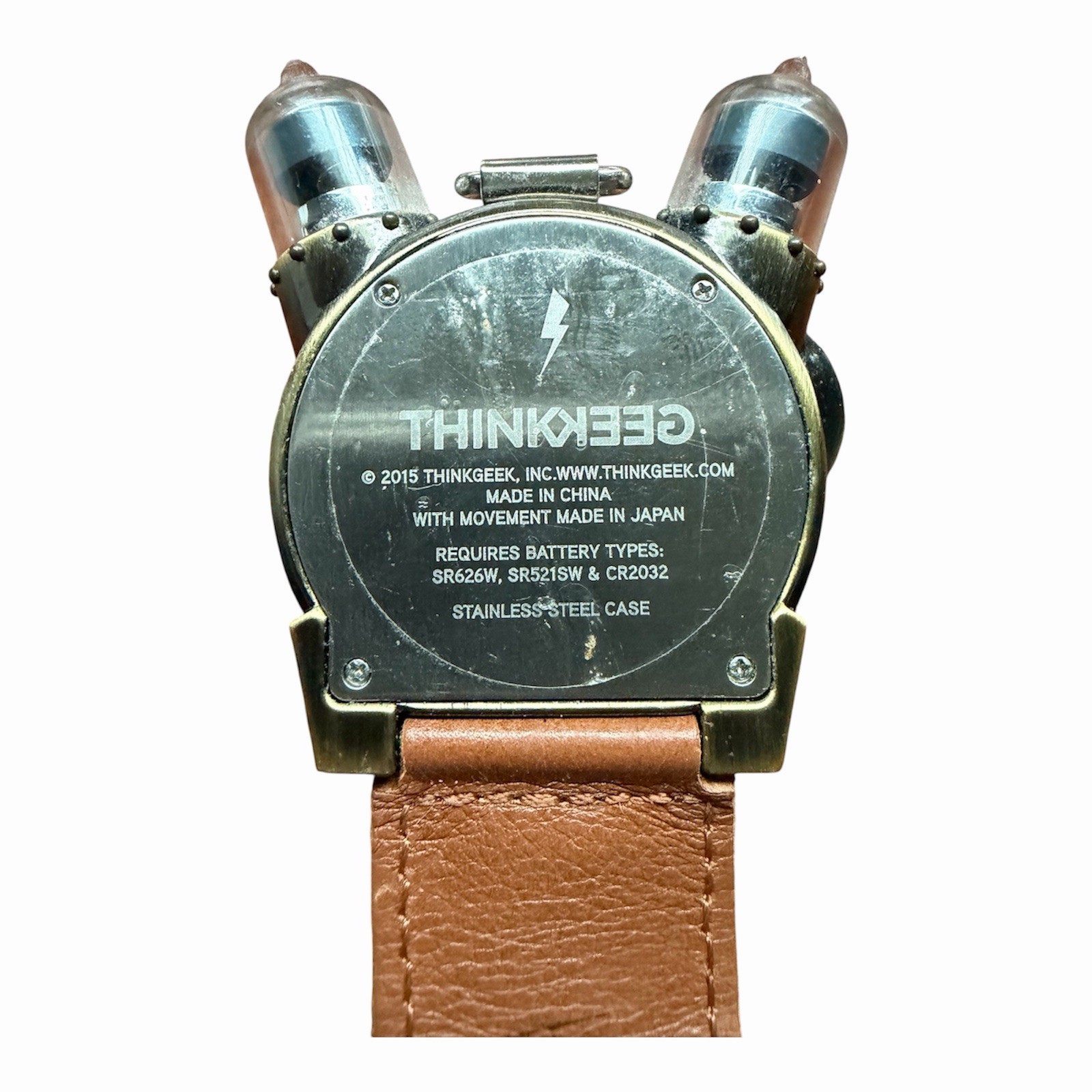 ThinkGeek Steampunk Tesla Analog Watch Leather Strap W/ Key Stainless Steel Case