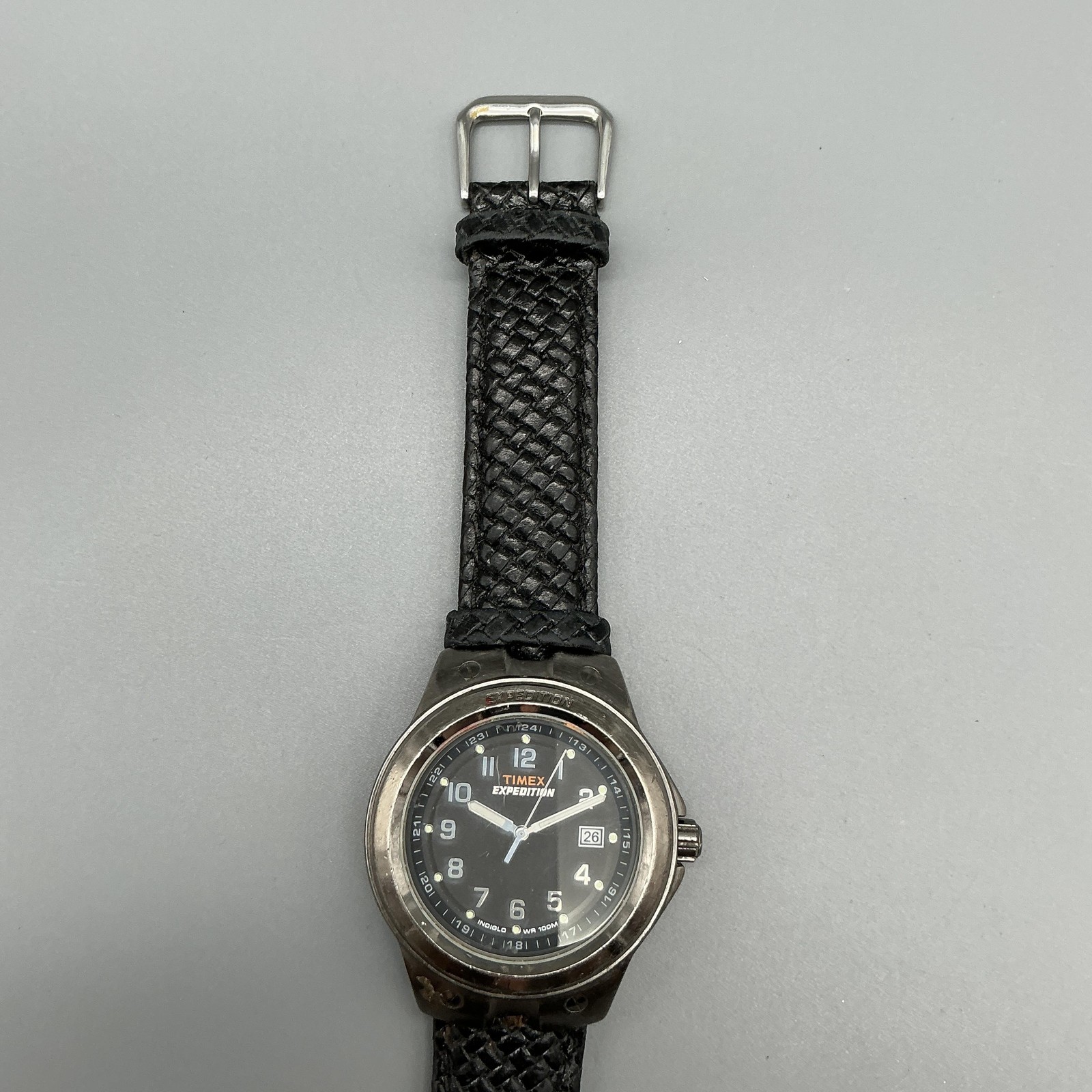 Timex Expedition Mens Watch 39mm Black Dial Date Indiglo Leather New Battery