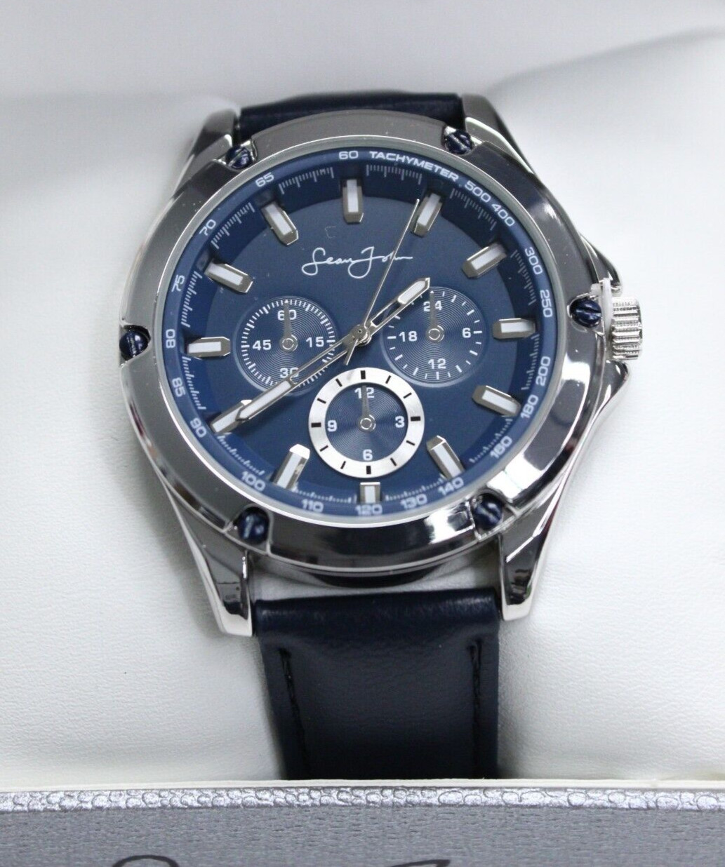 $100 – SEAN JOHN ‘CHRONOGRAPH’ Blue/Silver LEATHER STRAP WATCH – SJ0003SL