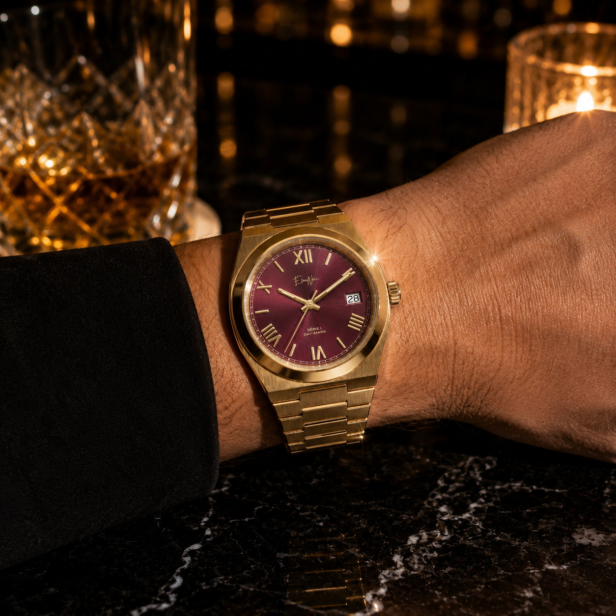 Custom Élan Noir Série I Gold/Maroon 36mm Auto NH35 Sapphire Steel Watch