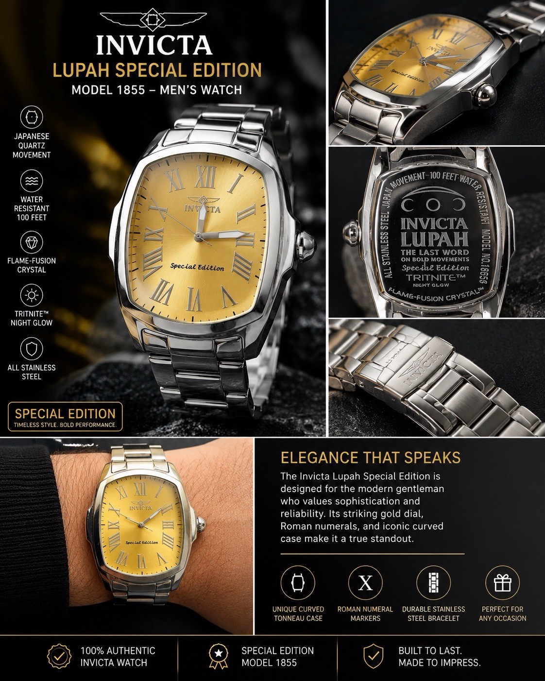 Invicta Lupah Special Edition Men’s Quartz Gold Dial Steel Bracelet 30m