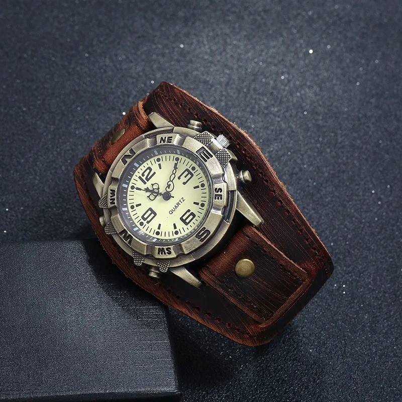 Vintage Retro Leather Cuff Bracelet Wide Band Steampunk Mens Quartz Wrist Watch