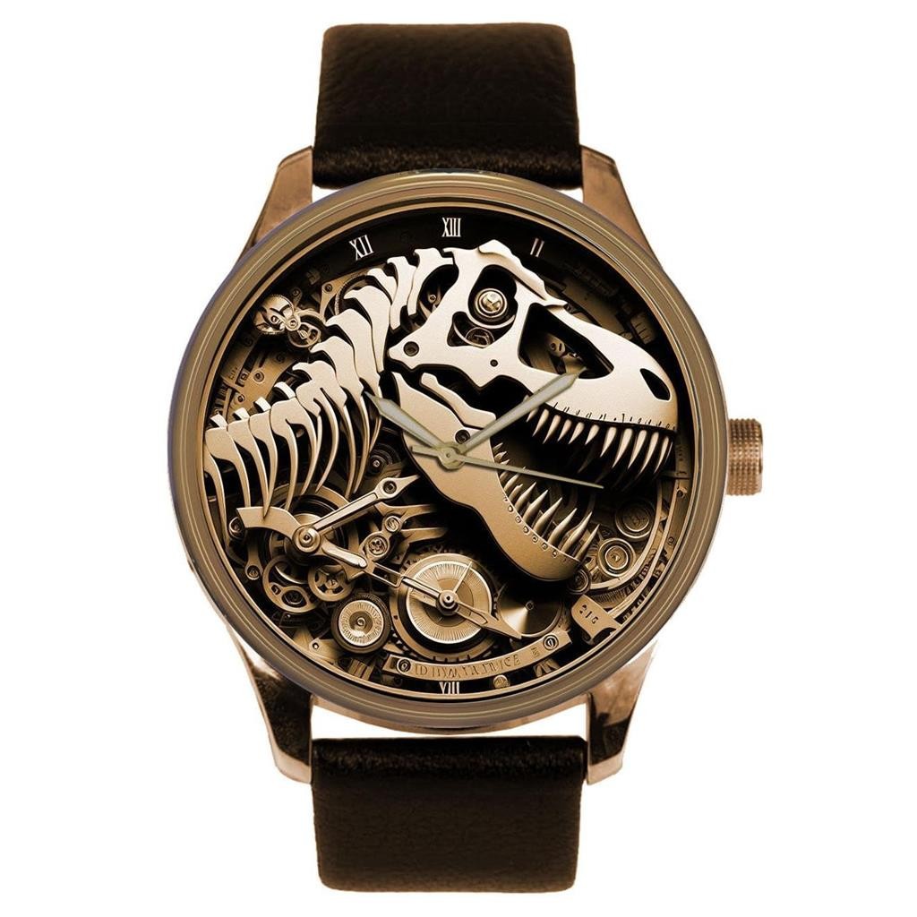 Steampunk Dinosaur T-Rex Head Skull & Skeleton Kickass Solid Brass 44 mm Watch