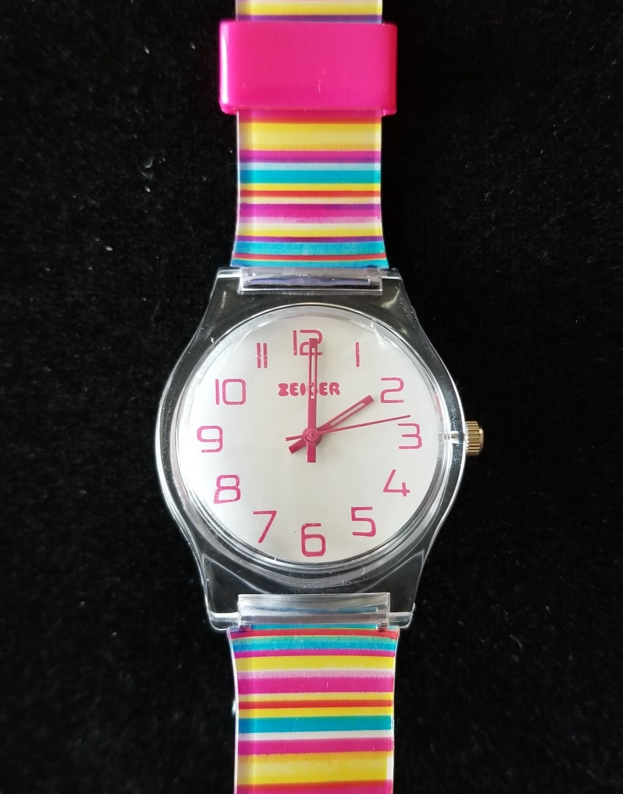 NIB Zeiger Kid’s Watch Clear Case 1ATM Multicolor Plastic Band 5″-7″ New Battery