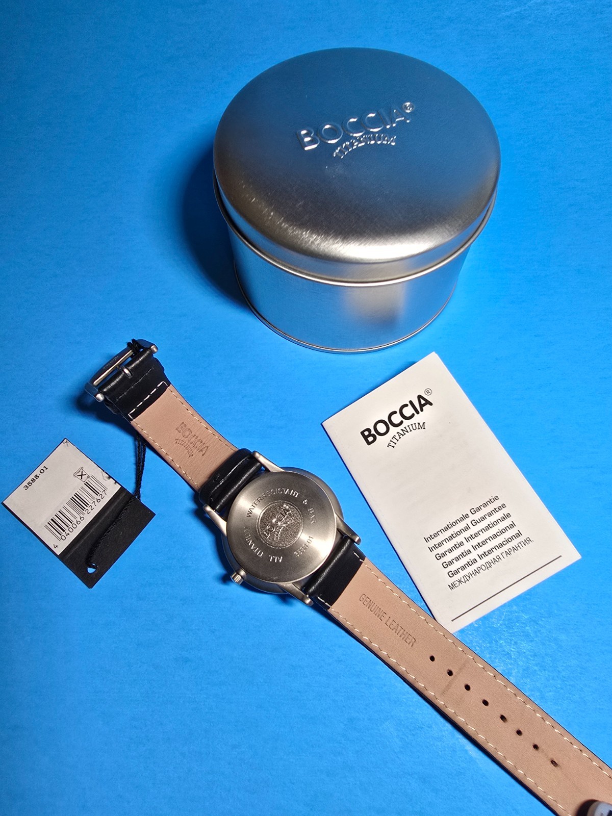 Boccia Titanium Men’s Watch #3588 with Black Leather band in original packaging