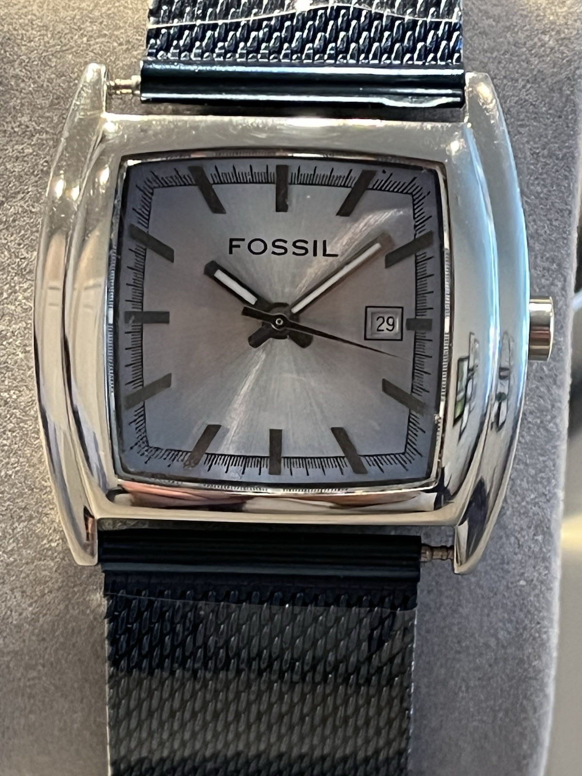 Fossil Quartz Watch Silver/Blue Dial Date Silver Case New Blue Mesh Band w/Box