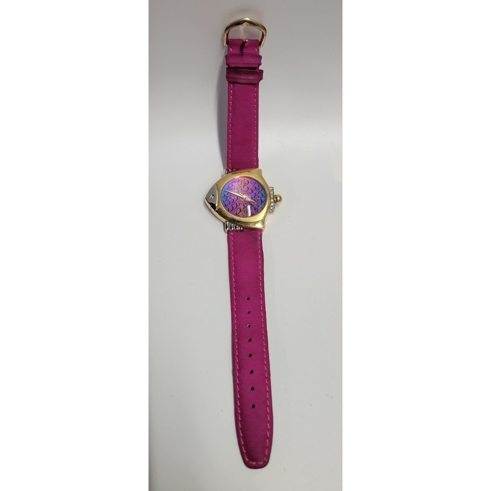 Time Works Vintage Fish Shaped Watch Titanium Quartz Pink Leather Strap Purple