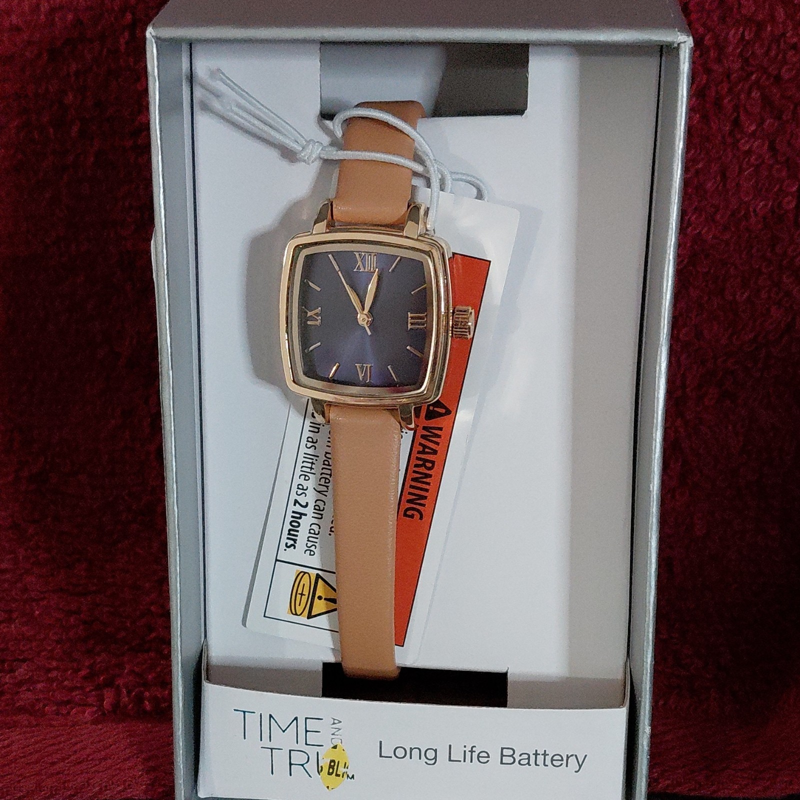 Timex Time and Tru Women’s Square Gold-Tone Blue Dial Beige Leather Strap Box