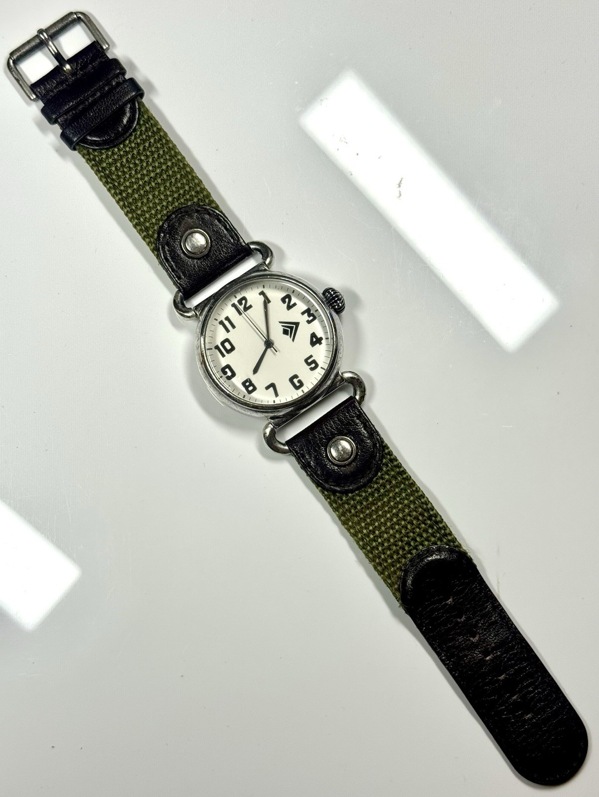 Silpada Mens Field Watch 40mm OD Green Canvas Leather Chevron Logo NEW BATTERY