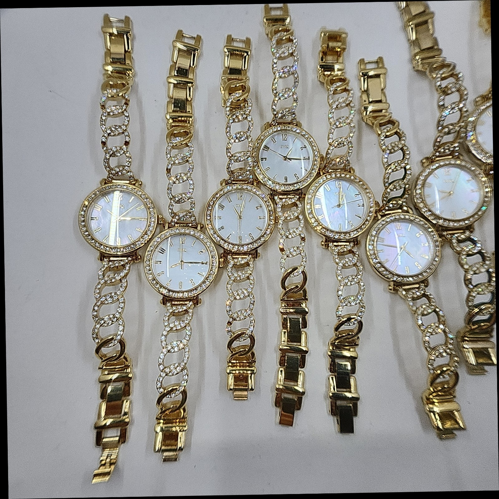 Lot of 9 Diamonique Pave CZ Chain Link Stainless Steel Watch, Goldtone Defective