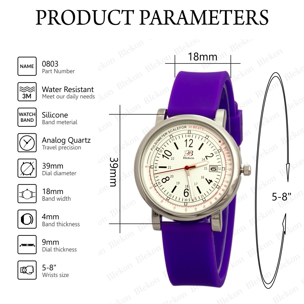 Blekon Original Nurse Watch – Detailed Date Dial Pulsometer, Silicone Band Watch